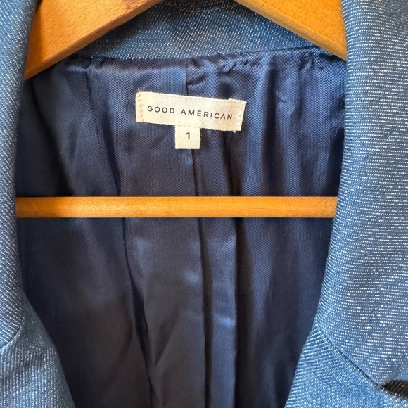 Good American Notch Lapel Chambray Blazer Denim Lined Women’s Sz 1 - Picture 11 of 12